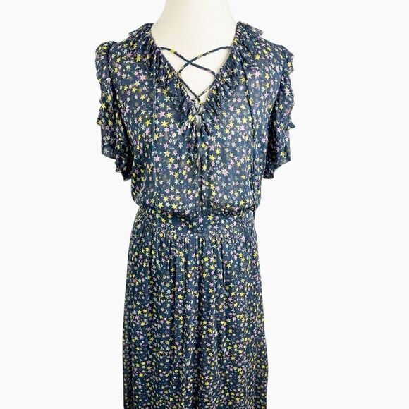 Zadig & Voltaire Blue Star Print Dress Chiffon Short Slvs Maxi Boho Size M - Picture 6 of 14